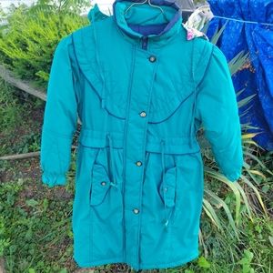 Vtg Paramount Girls Coat Sz 8 Teal With Purple Accents And Floral Lined Hood